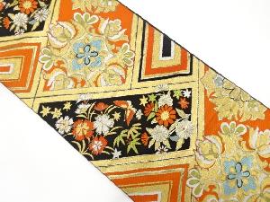 アンティーク　檜垣に華紋・花蝶模様織出し袋帯（着用可）